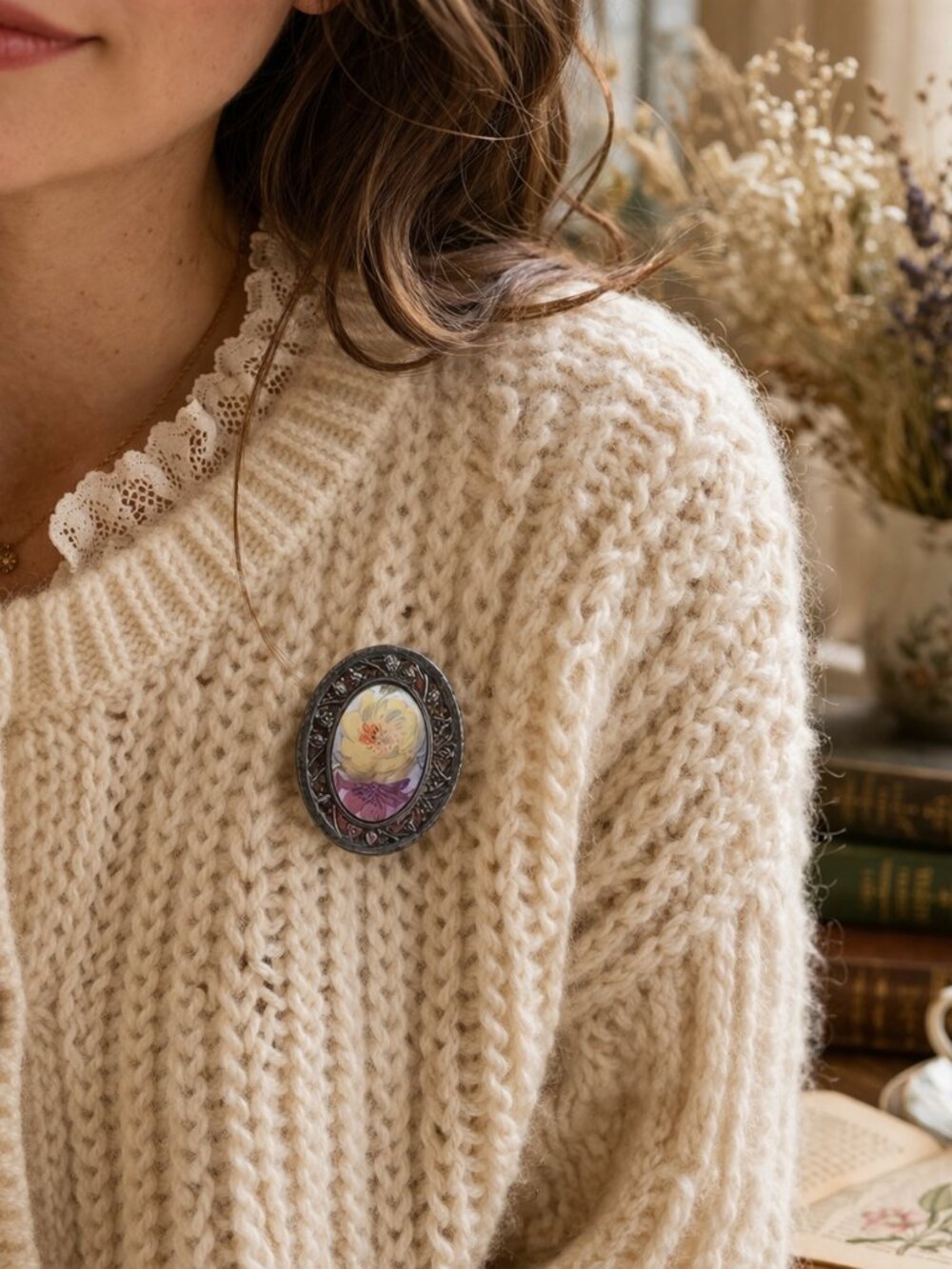 Vintage Oval Floral Porcelain Romantic Cottagecore Cameo Brooch